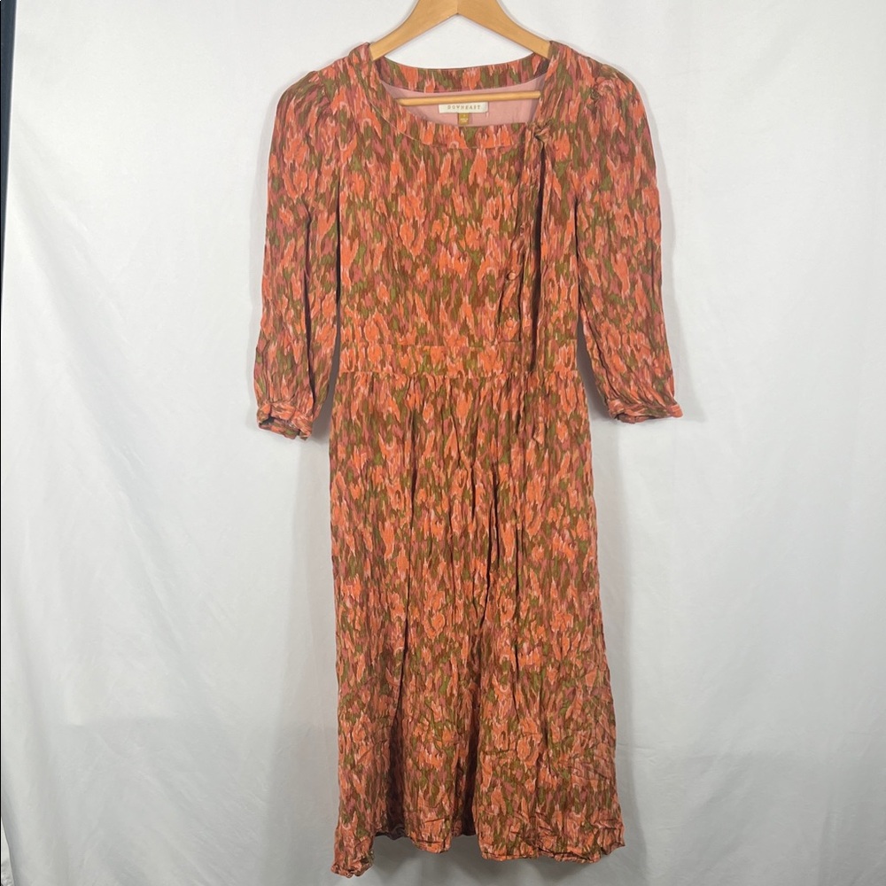 DownEast Women’s Orange/Green‎ Midi Dress Small Long Sleeve Front Pockets Zipper